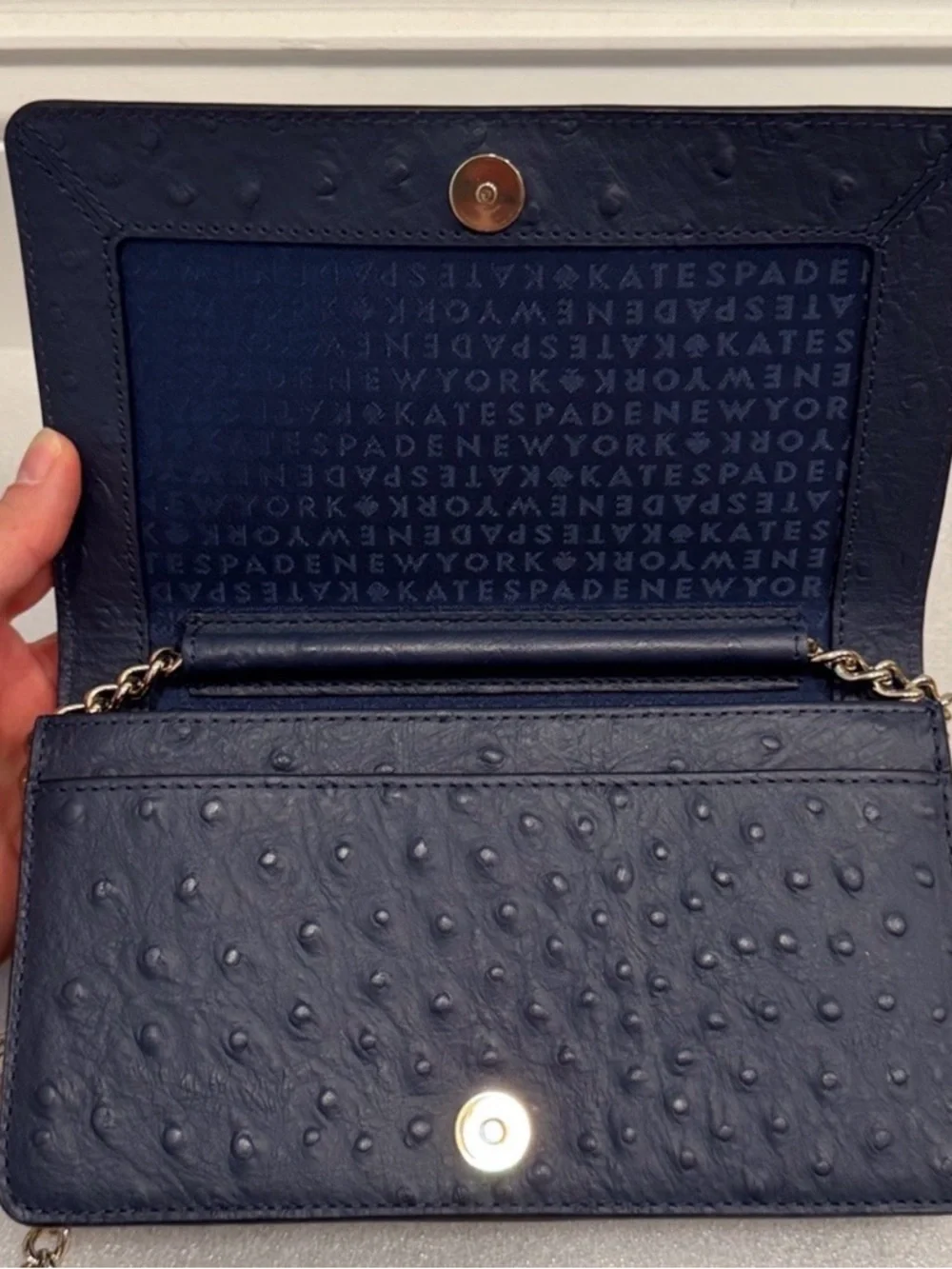 Kate Spade Isabeli Navy Ostrich Leather Embossed with Chain Crossbody -EUC